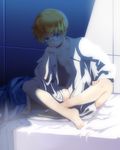  blonde_hair blue_eyes chin_rest dress_shirt glasses gunslinger_stratos highres indian_style jonathan_sizemore looking_at_viewer male_focus nude on_bed open_clothes open_shirt raised_eyebrow shirt sitting solo 