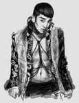  1boy 2012 bigbang earrings harness jewelry k-pop male male_focus monochrome open_clothes open_shirt oxygen_mask seungri_(bigbang) shirt short_hair solo 