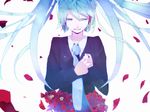  aqua_eyes bad_id bad_pixiv_id blazer crying dress_shirt flower green_eyes green_hair hair_ornament hands_on_own_chest hatsune_miku highres jacket long_hair looking_down open_mouth petals sad shirt simple_background solo tarbo_(exxxpiation) teardrop tearing_up tears twintails upper_body vocaloid white_background white_shirt 