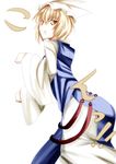  ass blonde_hair commentary dress hat looking_at_viewer looking_back maxwell_manzoku no_tail pillow_hat short_hair solo tabard touhou white_background white_dress yakumo_ran yellow_eyes 