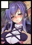  1girl black_border blush border breast_grab breasts circle_cut dress faceless faceless_male grabbing grabbing_from_behind heavy_breathing hetero hijiri_byakuren large_breasts long_hair purple_hair sweat touhou yellow_eyes yukimachi_tounosuke 