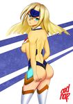  1girl aqua_eyes arc_system_works ass ass_grab back bare_shoulders blazblue blonde_hair blush breasts deep_skin female forehead_protector from_behind large_breasts long_hair looking_at_viewer mu-12 nipples oodnap parted_lips shiny shiny_skin sideboob solo thighhighs topless 