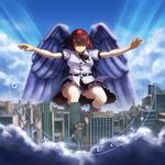  album_cover angel angel_wings angra_(band) bangs belt black_legwear black_skirt blue_sky blurry breasts brown_hair building city cityscape cloud collared_shirt cover day depth_of_field dominico english feathered_wings frilled_skirt frills giantess hat kneehighs large_breasts light_rays looking_at_viewer neck_ribbon open_hands outstretched_arms panties pantyshot pantyshot_(squatting) parody pointy_ears puffy_short_sleeves puffy_sleeves red_eyes ribbon serious shameimaru_aya shirt short_hair short_sleeves skirt sky skyscraper solo spread_arms squatting thighs title tokin_hat touhou underwear white_panties wings 
