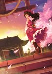  absurdres bird boots brown_eyes brown_hair cherry_blossoms cloud detached_sleeves diandianzai dutch_angle ears forest frilled_skirt frills grass hakurei_reimu hakurei_shrine hand_on_own_arm highres knee_boots light_smile long_hair looking_at_viewer midriff nature night night_sky peaceful perspective petals pink_sky red_skirt ribbon-trimmed_sleeves ribbon_trim rope sarashi shimenawa signature skirt sky solo stairs stone_lantern sunset torii touhou tree twilight wind 