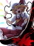  blonde_hair blood blood_on_face bloody_hands commentary fangs flandre_scarlet hat highres looking_at_viewer open_mouth red_eyes rihito_(usazukin) sharp_teeth side_ponytail solo teeth thighhighs touhou wrist_cuffs 
