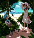  1girl adjusting_clothes adjusting_hat animal animal_on_head axis_powers_hetalia bad_id bad_pixiv_id barefoot beach bird bird_on_head blonde_hair blue_eyes book brown_hair closed_eyes cloud dappled_sunlight day dress grin hair_ribbon hat hat_ribbon holding holding_book holding_shoes horizon linaria_(ookinahitomi) long_hair looking_at_another neckerchief ocean on_head open_book outdoors plant profile reading ribbon sailor sailor_collar sandals_removed sealand_(hetalia) seychelles_(hetalia) shade shoes sidelocks sitting sky sleeveless sleeveless_dress smile socks standing sun_hat sundress sunlight tree tree_shade twintails white_dress white_legwear 