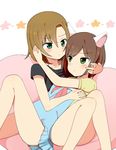  animal_ears asterisk_(idolmaster) blush brown_hair cat_ears commentary green_eyes hug idolmaster idolmaster_cinderella_girls kemu maekawa_miku multiple_girls tada_riina 