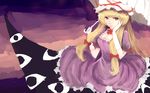  absurdres blonde_hair bow breasts choker cleavage dress elbow_gloves eyes fanshu faux_traditional_media gap gloves hair_bow hand_on_own_face hat hat_ribbon highres holding holding_umbrella large_breasts lips long_hair mob_cap multicolored multicolored_background nose puffy_short_sleeves puffy_sleeves purple_dress purple_eyes ribbon ribbon_choker short_sleeves sketch solo touhou umbrella very_long_hair white_gloves yakumo_yukari 