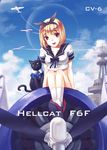  aircraft airplane america black_cat blonde_hair bow cat f6f_hellcat highres kantai_collection midriff military navel original pacific rainbow2319682 red_eyes short_hair solo uniform us_navy uss_enterprise_(cv-6) 