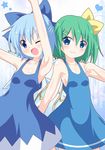  ;d adapted_costume armpits arms_up bare_arms bare_shoulders blue_eyes blue_hair bow breasts cirno clenched_hand collarbone daiyousei dress fairy_wings gradient gradient_background green_hair hair_ribbon heart kagerou_(kers) looking_at_viewer multiple_girls no_bra one_eye_closed open_mouth ribbon short_hair side_ponytail sideboob small_breasts smile star sundress touhou wings yellow_bow 