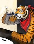  2015 anthro bathroom blue_nose cosplay costume english_text feline fur lipstick male mammal orange_fur scarf stripes text tiger tony_the_tiger trunorth whiskers 