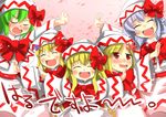  aki_minoriko aki_shizuha blonde_hair blush capelet cherry_blossoms cosplay gaoo_(frpjx283) green_hair hat hat_ribbon kazami_yuuka lavender_hair letty_whiterock lily_white lily_white_(cosplay) multiple_girls open_mouth outstretched_arms petals red_eyes ribbon smile touhou wide_sleeves 