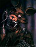  2014 animatronic canine eye_patch eyewear five_nights_at_freddy&#039;s fox foxy_(fnaf) glowing glowing_eyes hook machine male mammal mechanical quirachen robot teeth 