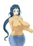  1girl blue_hair breasts curvy denim erect_nipples gundam gundam_build_fighters highres huge_breasts iori_rinko legs long_hair looking_at_viewer milf open_mouth pants ponytail rebis ribbed_sweater simple_background smile solo standing star-shaped_pupils sweater thigh_gap thighs turtleneck white_background wide_hips 