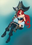  bare_shoulders black_legwear blue_eyes bra breasts cleavage crossed_legs gun hair_over_one_eye handgun hat high_heels highres league_of_legends lipstick long_hair makeup medium_breasts midriff moonfang pirate_hat pistol red_hair sarah_fortune sitting stiletto_heels underwear weapon 