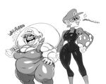  breasts cleavage curvy english fat genderswap grin hair_over_one_eye hat large_breasts mario_(series) monochrome multiple_girls nintendo nitrotitan open_mouth overalls pointy_ears short_hair simple_background smile standing super_mario_bros. sweater text waluigi wario white_background wide_hips 