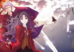 1girl archer brown_hair coat fate/stay_night fate_(series) field_of_blades jacket jewelry kuroda long_coat necklace planted_weapon red_coat red_jacket toosaka_rin two_side_up weapon white_hair 