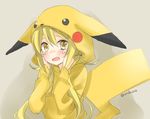  blonde_hair blush fang hands_on_own_face hood hoodie kantai_collection long_hair open_mouth pikachu pikachu_(cosplay) pokemon satsuki_(kantai_collection) solo sou_kana twitter_username yellow_eyes 