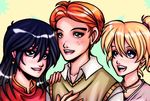  2girls archie archie_andrews bangs betty_cooper black_hair blonde_hair blue_eyes blunt_bangs dracoplato earrings freckles green_eyes jewelry long_hair multiple_girls necklace open_mouth orange_hair short_hair smile veronica_lodge vest 