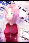  1girl :o bare_shoulders branches breasts bust cherry_blossoms eyelashes green_eyes haruno_sakura looking_aside naruto open_mouth petals pink_hair sakura sasucchi short_hair sleeveless solo tree upper_body zipper 