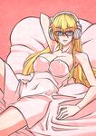  bad_id bad_pixiv_id bed_sheet blonde_hair blue_eyes breasts glasses gunslinger_stratos headphones jin_kashiwagi large_breasts long_hair looking_at_viewer lying nude olga_janetine on_back open_mouth solo 