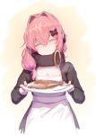  735308747 ^_^ absurdres apron blush closed_eyes commentary commentary_request fish food girls_frontline hair_between_eyes hair_intakes hair_ornament highres k31_(girls_frontline) pink_hair smile 