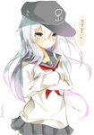  :i anchor_symbol bad_id bad_pixiv_id black_skirt blue_eyes closed_eyes crossed_arms flat_cap hair_between_eyes hat hibiki_(kantai_collection) highres kantai_collection long_hair miyabino_(miyabi1616) neckerchief pleated_skirt pout school_uniform serafuku silver_hair simple_background skirt solo translated twitter_username white_background 