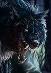  ambiguous_gender angry anthro arm blue_eyes breath canine darkness fangs forest fur mammal muscles night open_mouth rage scar scary scary_smile smile teeth tongue tree were werewolf wolf wolfroad 