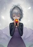  apple bryanth darker_than_black dress food fruit hair_tie highres holding looking_at_viewer ponytail purple_eyes silver_hair solo yin 