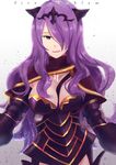  black_armor breasts camilla_(fire_emblem_if) cleavage fire_emblem fire_emblem_if hair_over_one_eye highres large_breasts long_hair looking_at_viewer pasu purple_hair red_eyes smile solo 