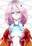  bare_shoulders breasts center_opening cleavage detached_sleeves double_helix elbow_gloves fingerless_gloves gloves guilty_crown hair_ornament hairclip hands_on_own_chest kurabe_gansaku long_hair looking_at_viewer medium_breasts navel open_mouth pink_hair red_eyes solo twintails yuzuriha_inori 