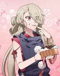  1boy androgynous bad_id bad_pixiv_id box chocolate chocolate_heart eating eyes_visible_through_hair finger_to_mouth flower food food_on_face hair_over_one_eye heart ima-no-tsurugi japanese_clothes male_focus pom_pom_(clothes) red_eyes silver_hair solo touken_ranbu 