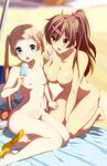  2girls areolae blonde_hair blue_eyes blush breasts brown_eyes brown_hair chuunibyou_demo_koi_ga_shitai! dekomori_sanae female hair_bobbles hair_ornament hairclip large_breasts long_hair multiple_girls navel nibutani_shinka nipples nude nude_filter official_art open_mouth photoshop ponytail sitting small_breasts twintails 