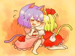  :3 animal_ears barefoot blonde_hair blue_hair cat_ears cat_tail chibi closed_eyes closed_mouth commentary_request fang flandre_scarlet hair_ribbon hug kemonomimi_mode multiple_girls open_mouth red_ribbon remilia_scarlet ribbon short_hair short_sleeves shuiro tail touhou 