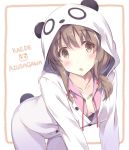  1girl :o animal_costume animal_ears animegao azusagawa_kaede bandaid blush breasts brown_eyes brown_hair cleavage cosplay cover cover_page downblouse eyebrows_visible_through_hair hair_ornament hood itoichi. kigurumi long_hair long_sleeves looking_at_viewer novel_cover novel_illustration open_mouth panda_costume panda_ears seishun_buta_yarou short_hair sideboob solo 