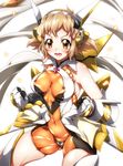  :d absurdres armor bangs bare_shoulders blush bodysuit breasts breasts_apart cameltoe clenched_hands covered_navel covered_nipples cowboy_shot fighting_stance gloves hair_ornament hairclip halterneck headgear highres impossible_clothes large_breasts light_brown_hair magical_girl miniskirt niko_(tama) open_mouth orange_eyes senki_zesshou_symphogear shiny shiny_clothes shiny_hair short_hair showgirl_skirt simple_background skin_tight skirt smile solo spread_legs tachibana_hibiki_(symphogear) thighs toned turtleneck v-shaped_eyebrows vambraces 