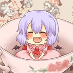  :d ^_^ ascot bangs bat_wings blue_hair blush chibi closed_eyes cup detached_wings dress facing_viewer fang in_container in_cup minigirl open_mouth pink_dress remilia_scarlet short_sleeves shuiro sitting smile solo teacup touhou wings 