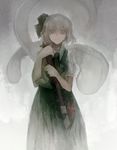  closed_eyes collared_shirt flower gni green_skirt green_vest grey_background hairband highres holding holding_sword holding_weapon konpaku_youmu konpaku_youmu_(ghost) sad sheath sheathed shirt short_hair short_sleeves silver_hair skirt solo sword touhou vest weapon 