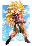  abs bad_id bad_pixiv_id blonde_hair copyright_name dragon_ball dragon_ball_z full_body gotenks green_eyes grin highres hoshikawa_akira long_hair male_focus muscle no_eyebrows older pointing smile solo super_saiyan super_saiyan_3 very_long_hair vest wristband 