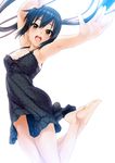  :d armpits bad_id bad_pixiv_id bare_legs bare_shoulders barefoot black_dress black_hair blush breasts brown_eyes dress feet hair_between_eyes hands highres jumping k-on! long_hair looking_at_viewer men'youjan nakano_azusa open_mouth round_teeth short_dress smile soles solo teeth twintails upper_teeth 