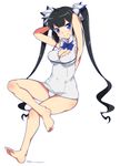  arms_behind_head barefoot black_hair blue_eyes blue_ribbon breasts cleavage covered_navel crossed_legs dungeon_ni_deai_wo_motomeru_no_wa_machigatteiru_darou_ka feet full_body hestia_(danmachi) highres long_hair medium_breasts mudou_eichi panties rei_no_himo ribbon simple_background sitting smile solo twintails underwear white_background 