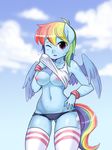  2015 anthro anthrofied areola blue_body breasts clothing cloud cutie_mark duo equine female friendship_is_magic hair legwear looking_at_viewer mammal multicolored_hair my_little_pony navel nipples one_eye_closed outside panties pegasus rainbow_dash_(mlp) rainbow_hair shepherd0821 striped_legwear sweat thigh_highs underwear wings 