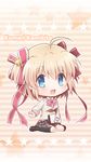  ahoge blonde_hair blue_eyes bow character_name chibi hair_ornament hair_ribbon kamikita_komari little_busters! miyoshi_yun pink_bow plaid plaid_skirt ribbon school_uniform short_hair sitting skirt solo star star_hair_ornament twintails wariza 