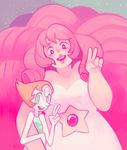  2girls arm_hug bare_shoulders blush curly_hair gem happy looking_at_viewer multiple_girls pale_skin pearl_(steven_universe) pink_hair purplekecleon rose_quartz_universe size_difference sleeveless smile star_(sky) steven_universe v 