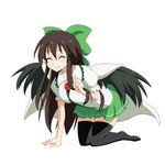  :d ^_^ all_fours black_legwear black_wings bow breasts brown_hair cato_(monocatienus) closed_eyes facing_viewer grin hair_bow hair_ribbon kneeling large_breasts open_mouth reiuji_utsuho ribbon simple_background smile solo thighhighs third_eye touhou v white_background wings zettai_ryouiki 