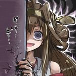  ahoge bad_id bad_pixiv_id bare_shoulders blue_eyes brown_hair crack detached_sleeves fudeyama_(fudeco) hair_bun hairband headgear japanese_clothes kantai_collection kongou_(kantai_collection) long_hair looking_at_viewer nontraditional_miko open_mouth peeking_out smile solo twitter_username yandere 