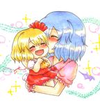  :d ^_^ blonde_hair blue_hair closed_eyes commentary_request fang flandre_scarlet hair_ribbon multiple_girls open_mouth red_ribbon remilia_scarlet ribbon short_hair short_sleeves shuiro smile touhou 