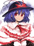  blush cloud harusame_(unmei_no_ikasumi) hat looking_at_viewer nagae_iku purple_hair red_eyes shawl short_hair smile solo touhou 