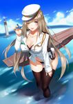  ;d aircraft airplane anchor bad_id bad_pixiv_id black_bra black_legwear black_panties blonde_hair blue_eyes bra breasts btd-1_destroyer cleavage cloud day flight_deck hat highres large_breasts leaning_forward lexington_(zhan_jian_shao_nyu) lighthouse long_hair military military_hat military_uniform no_pants one_eye_closed open_mouth panties smile solo thigh_gap thighhighs underwear uniform uss_lexington_(cv-2) wading water yykuaixian zhan_jian_shao_nyu 