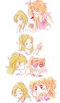  :p ^_^ ^o^ blonde_hair blush closed_eyes comic directional_arrow drooling food food_in_mouth food_on_face green_eyes hair_ornament licking long_hair motion_blur multiple_girls orange_hair parted_lips precure ribbon short_hair simple_background smile suzunashi_susumu sweets tongue tongue_out upper_body white_background 